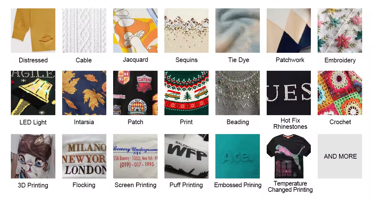 Grid of various textile design options including distressed, jacquard, sequins, tie dye, patchwork, embroidery, LED light, intarsia, patch, print, hot fix rhinestones, crochet, 3D printing, flocking, screen printing, puf printing, embossed pinning, and temperature changed printing.