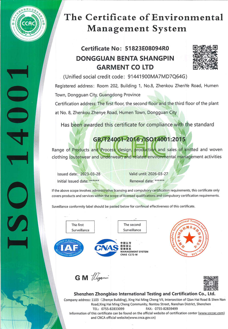 ISO 14001 Environmental Management System certification for Dongguan Benta Shangpin Garment Co Ltd.