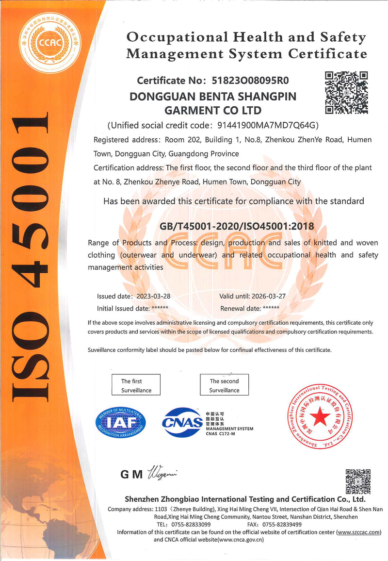 ISO 45001 Occupational Health and Safety Management System Certificate for Dongguan Benta Shangpin Garment Co Ltd.