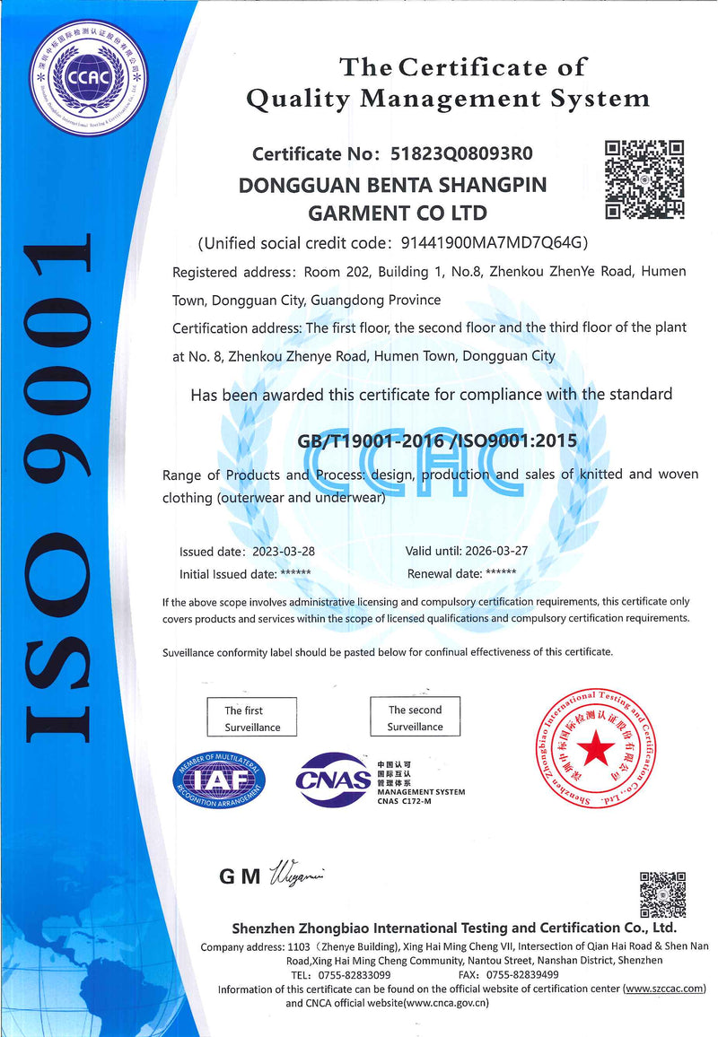 ISO 9001 quality management system certification for Dongguan Benta Shangpin Garment Co Ltd.