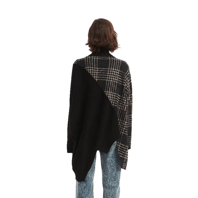 Batwing Sleeve Checked Mock Neck Pullover Sweater - BENTA Crochet