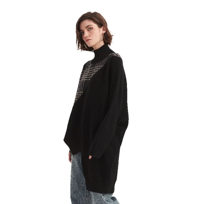 Batwing Sleeve Checked Mock Neck Pullover Sweater - BENTA Crochet