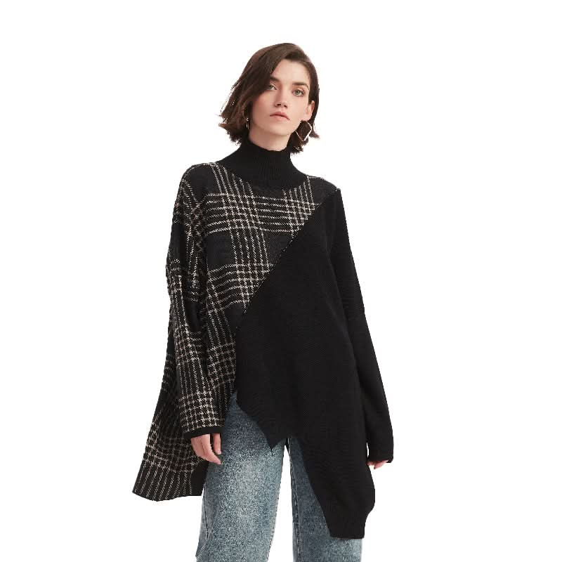 Batwing Sleeve Checked Mock Neck Pullover Sweater - BENTA Crochet