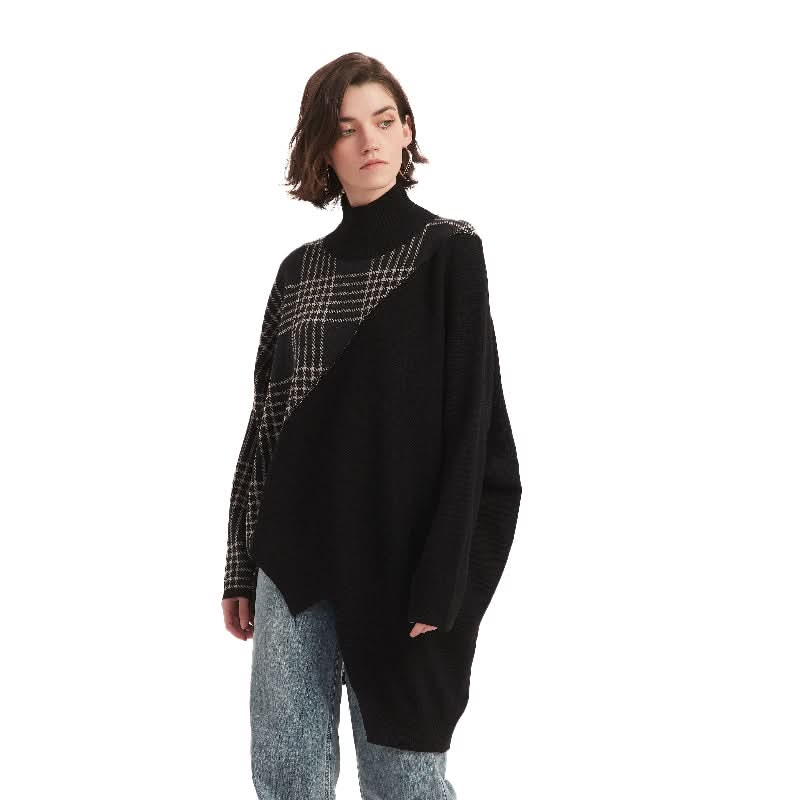 Batwing Sleeve Checked Mock Neck Pullover Sweater - BENTA Crochet