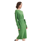 Belted Ribbed Knit Crew Neck Sweater Dress - BENTA Crochet