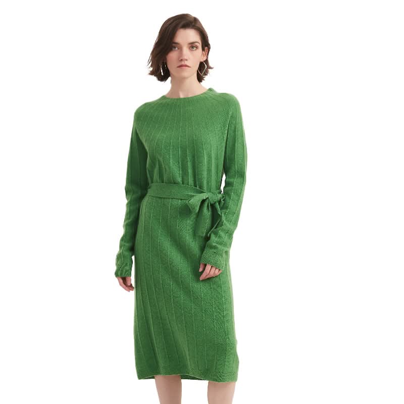 Belted Ribbed Knit Crew Neck Sweater Dress - BENTA Crochet