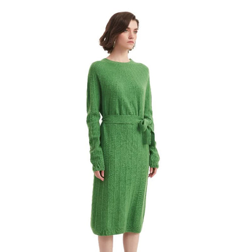 Belted Ribbed Knit Crew Neck Sweater Dress - BENTA Crochet