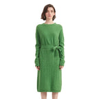 Belted Ribbed Knit Crew Neck Sweater Dress - BENTA Crochet