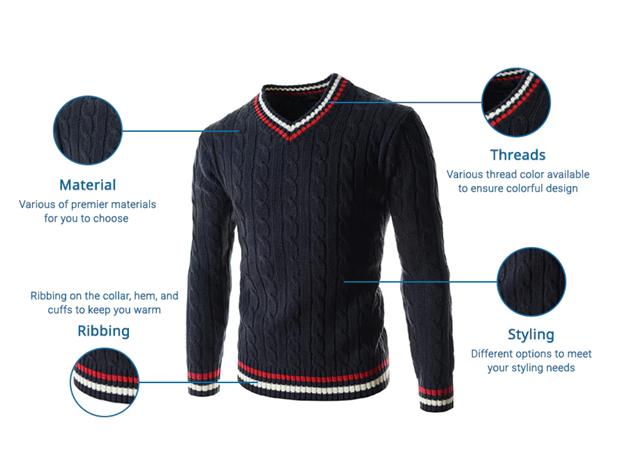 White background product feature infographic, black V-neck cable knit sweater showing customizable details: material, thread color, ribbing and styling options, OEM knitwear custom service from BENTA factory.