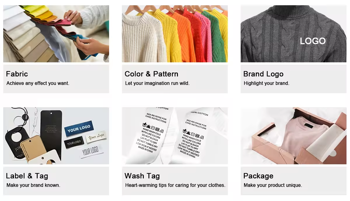 Custom OEM knitwear service collage from BENTA, covering fabric selection, color & pattern, brand logo, label & tag, wash care label and custom packaging solutions for knit apparel orders.
