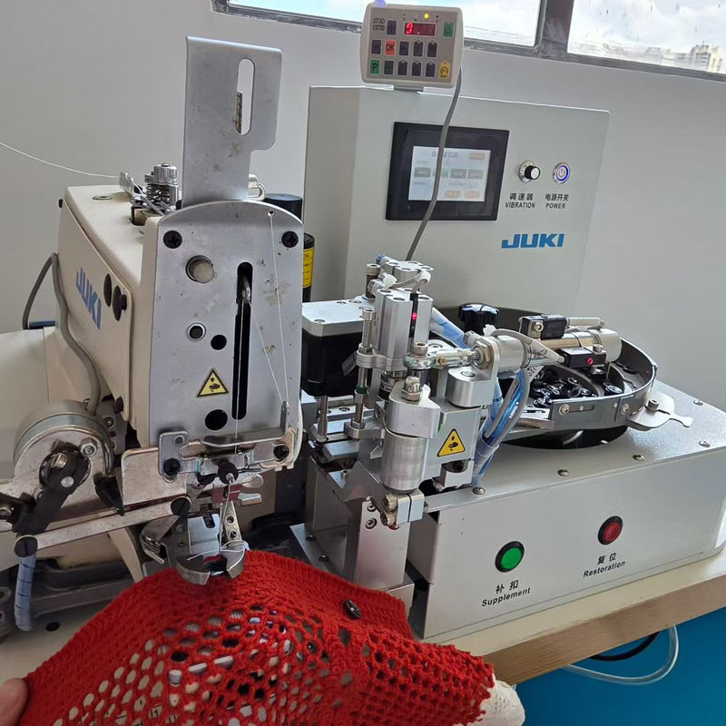 BENTA factory JUKI automatic sewing machine processing red hollow crochet knit fabric sample for custom OEM knitwear production