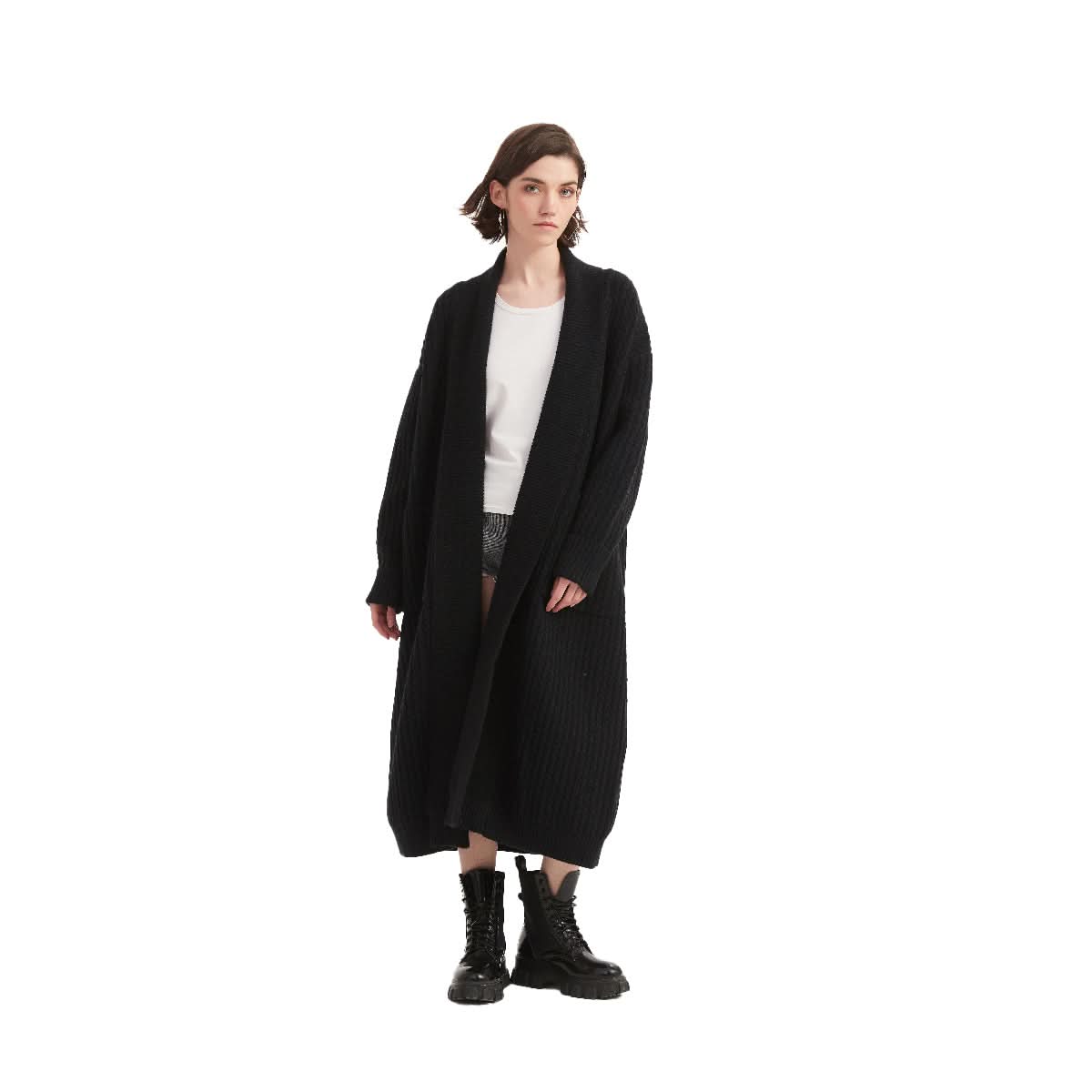 Black Shawl Collar Long Wrap Cardigan - BENTA Crochet