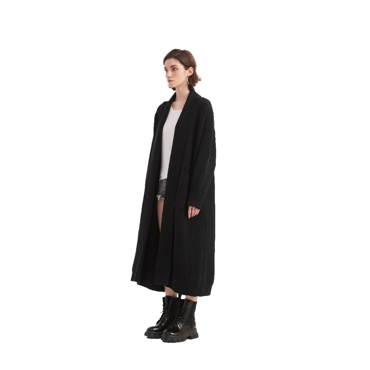 Black Shawl Collar Long Wrap Cardigan - BENTA Crochet