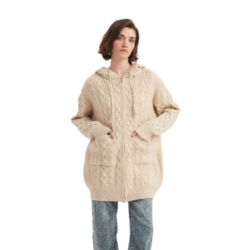 Cable Knit Zip-Up Hooded Cardigan - BENTA Crochet