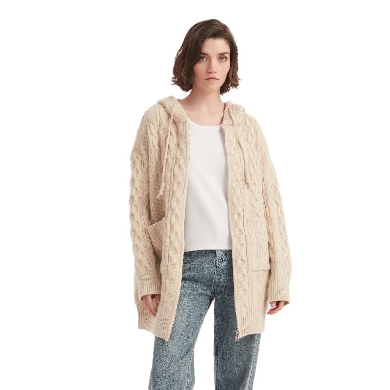 Cable Knit Zip-Up Hooded Cardigan - BENTA Crochet