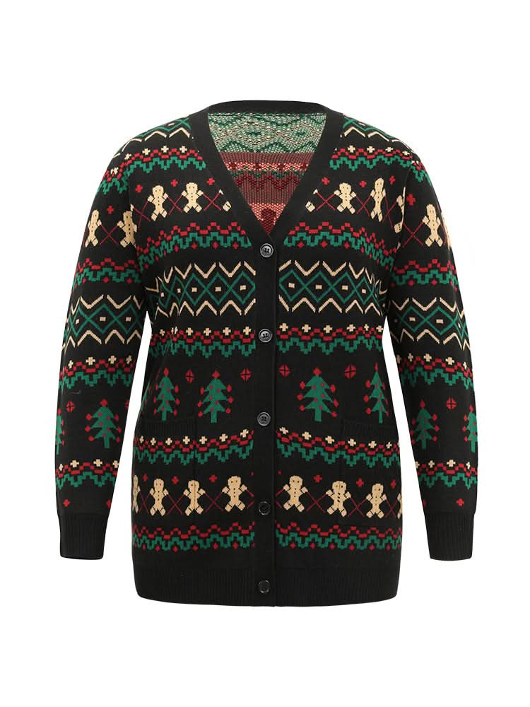 Christmas Trees & Gingerbread Man Print Pocket Cardigan - BENTA Crochet