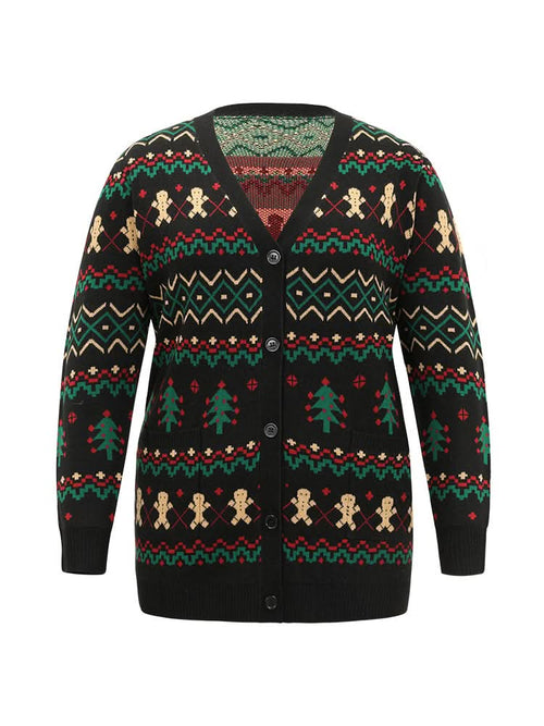 Christmas Trees & Gingerbread Man Print Pocket Cardigan - BENTA Crochet
