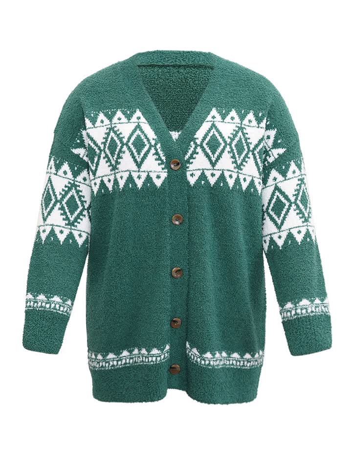 Fuzzy Geo Print Button-Front Cardigan - BENTA Crochet