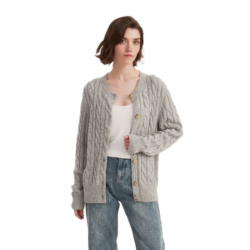 Gray Cable Knit Crewneck Cardigan Sweater - BENTA Crochet