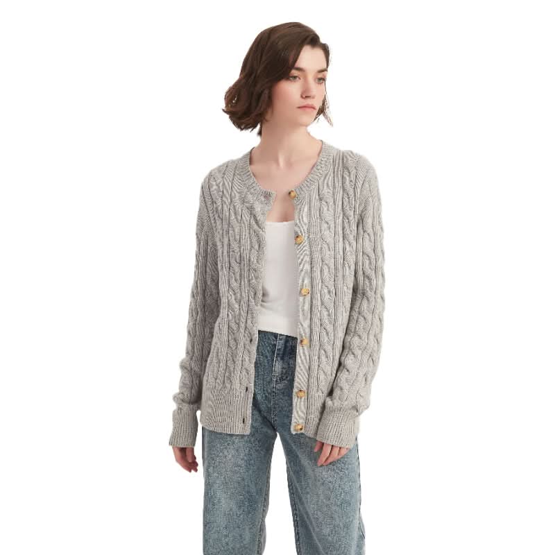 Gray Cable Knit Crewneck Cardigan Sweater - BENTA Crochet