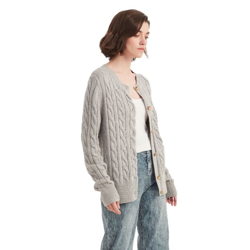 Gray Cable Knit Crewneck Cardigan Sweater - BENTA Crochet