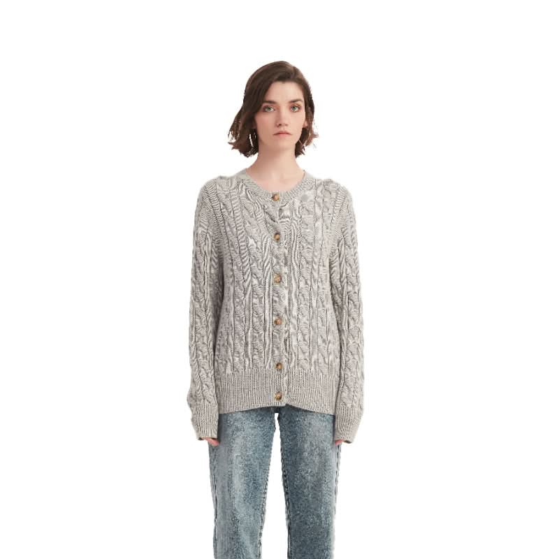 Gray Cable Knit Crewneck Cardigan Sweater - BENTA Crochet