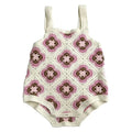 Kids crochet romper with pink and brown diamond floral motif and scalloped trim