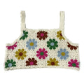 Girls crochet-style ivory cropped top with multicolor daisy grid pattern and scalloped trim