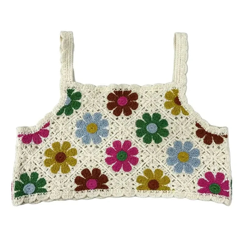 Girls crochet-style ivory cropped top with multicolor daisy grid pattern and scalloped trim