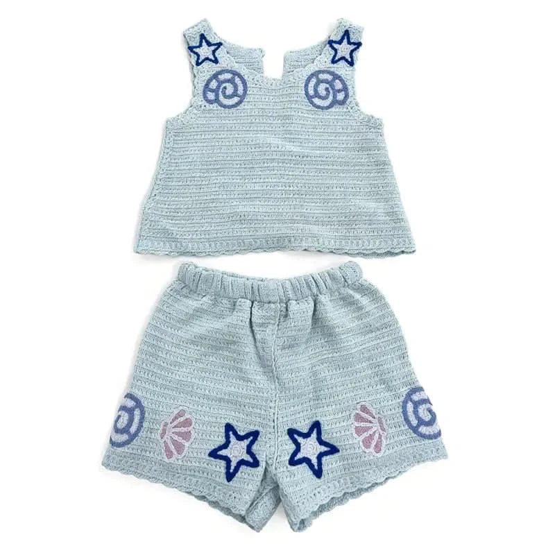 Girls crochet-style seafoam tank and shorts set with starfish and shell embroidered motifs