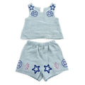 Girls crochet-style seafoam tank and shorts set with starfish and shell embroidered motifs