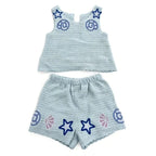 Girls crochet-style seafoam tank and shorts set with starfish and shell embroidered motifs