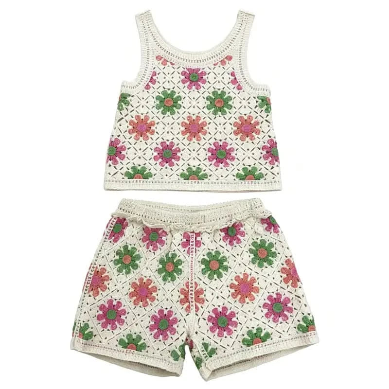 Girls crochet-style ivory tank and shorts set with pink orange green floral diamond pattern