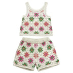 Girls crochet-style ivory tank and shorts set with pink orange green floral diamond pattern