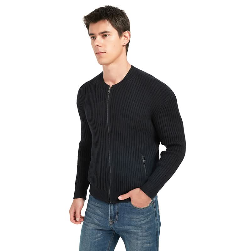 Men Ribbed Zip Up Baseball Collar Knit Jacket | Slim Custom Bulk Outerwear - BENTA Crochet