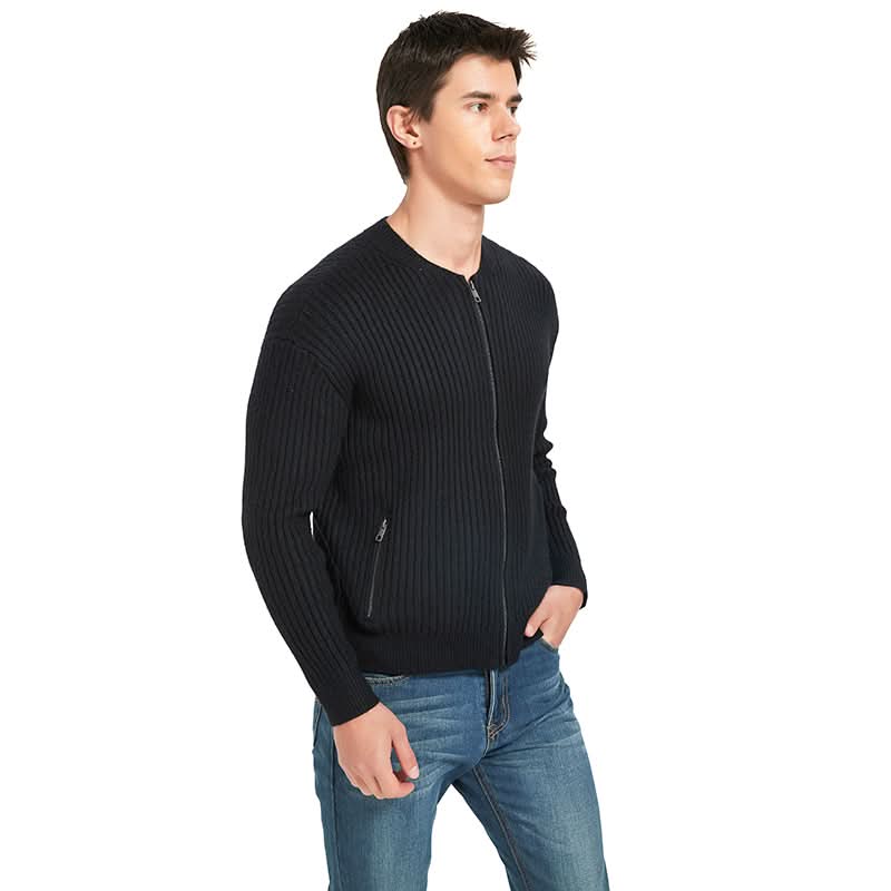 Men Ribbed Zip Up Baseball Collar Knit Jacket | Slim Custom Bulk Outerwear - BENTA Crochet