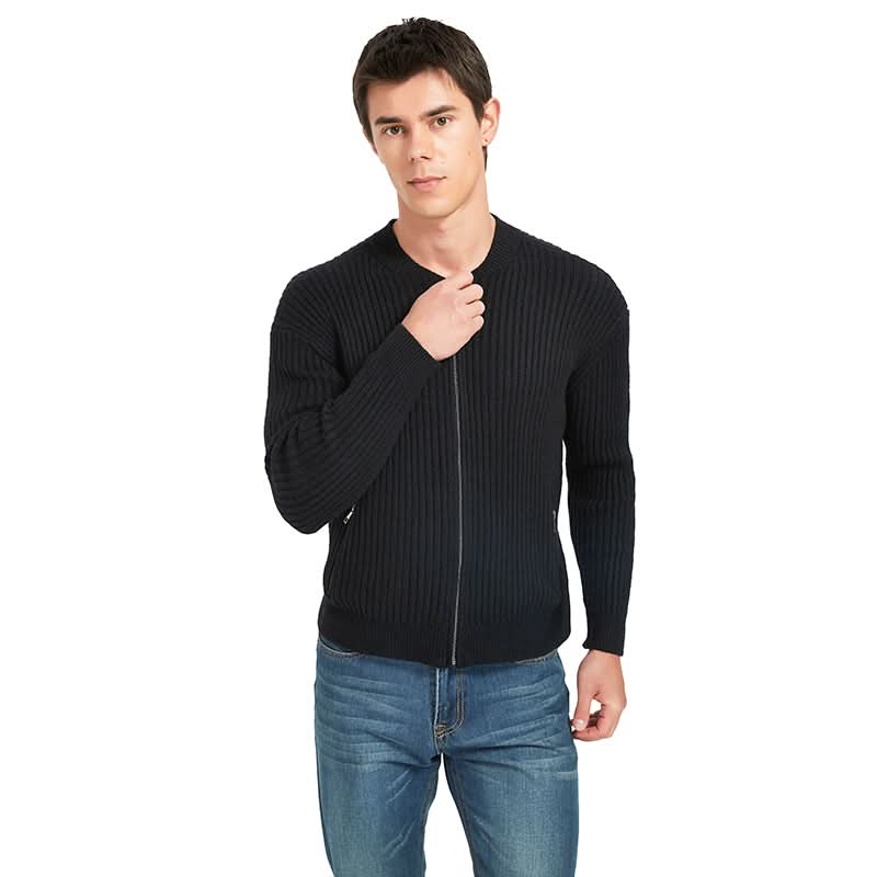Men Ribbed Zip Up Baseball Collar Knit Jacket | Slim Custom Bulk Outerwear - BENTA Crochet