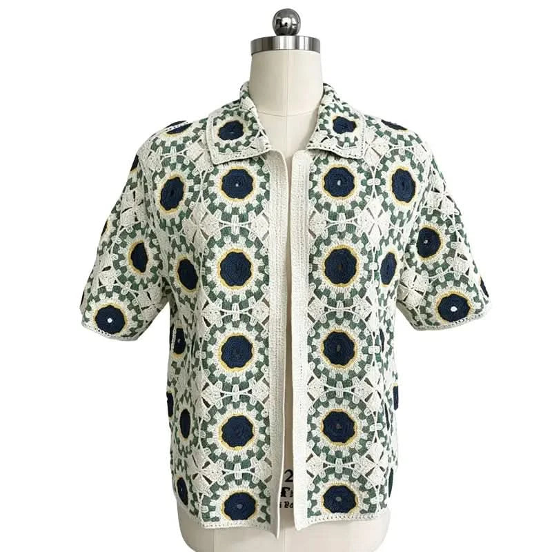 Men's crochet open-front shirt with navy and yellow floral medallion pattern