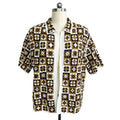 Men's crochet open-front shirt with brown black and cream floral patchwork pattern