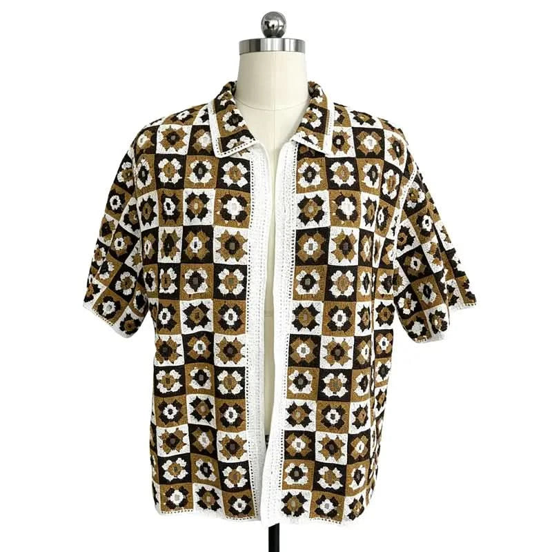 Men's crochet open-front shirt with brown black and cream floral patchwork pattern