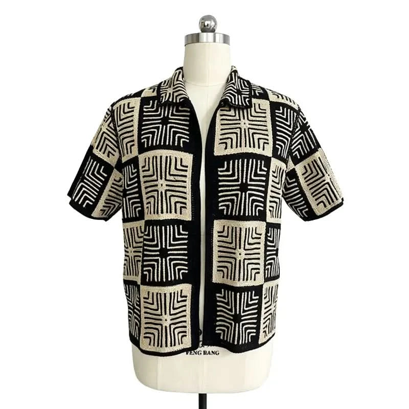 Men's crochet open-front shirt with black and cream geometric block pattern
