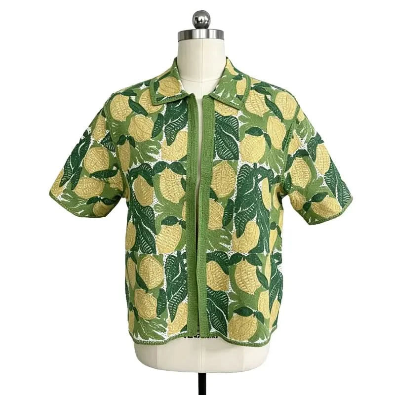 Men's crochet open-front shirt with green and yellow lemon and leaf print