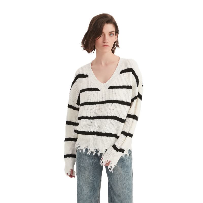 Striped Cream V-Neck Pullover Sweater - BENTA Crochet