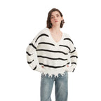 Striped Cream V-Neck Pullover Sweater - BENTA Crochet