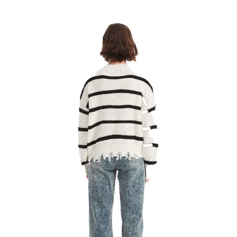 Striped Cream V-Neck Pullover Sweater - BENTA Crochet