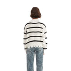 Striped Cream V-Neck Pullover Sweater - BENTA Crochet