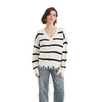 Striped Cream V-Neck Pullover Sweater - BENTA Crochet