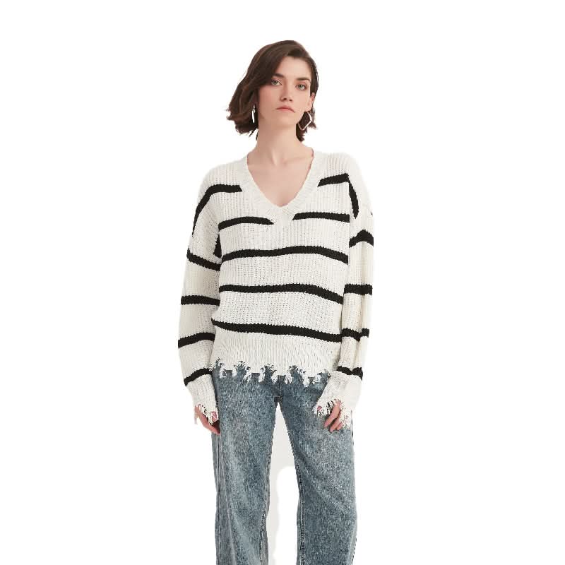Striped Cream V-Neck Pullover Sweater - BENTA Crochet