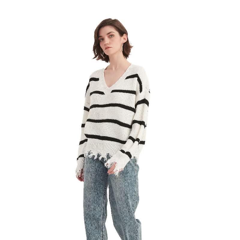 Striped Cream V-Neck Pullover Sweater - BENTA Crochet