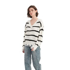 Striped Cream V-Neck Pullover Sweater - BENTA Crochet